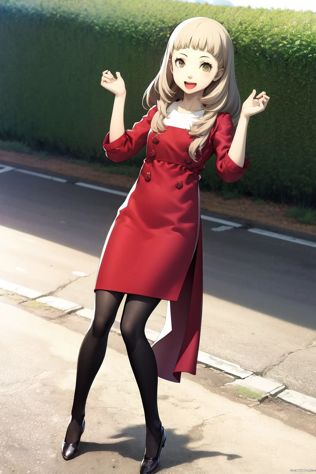 full body, solo, 1girl, excited, beige hair <lora:Soejima_shigenori_style_v02:1>