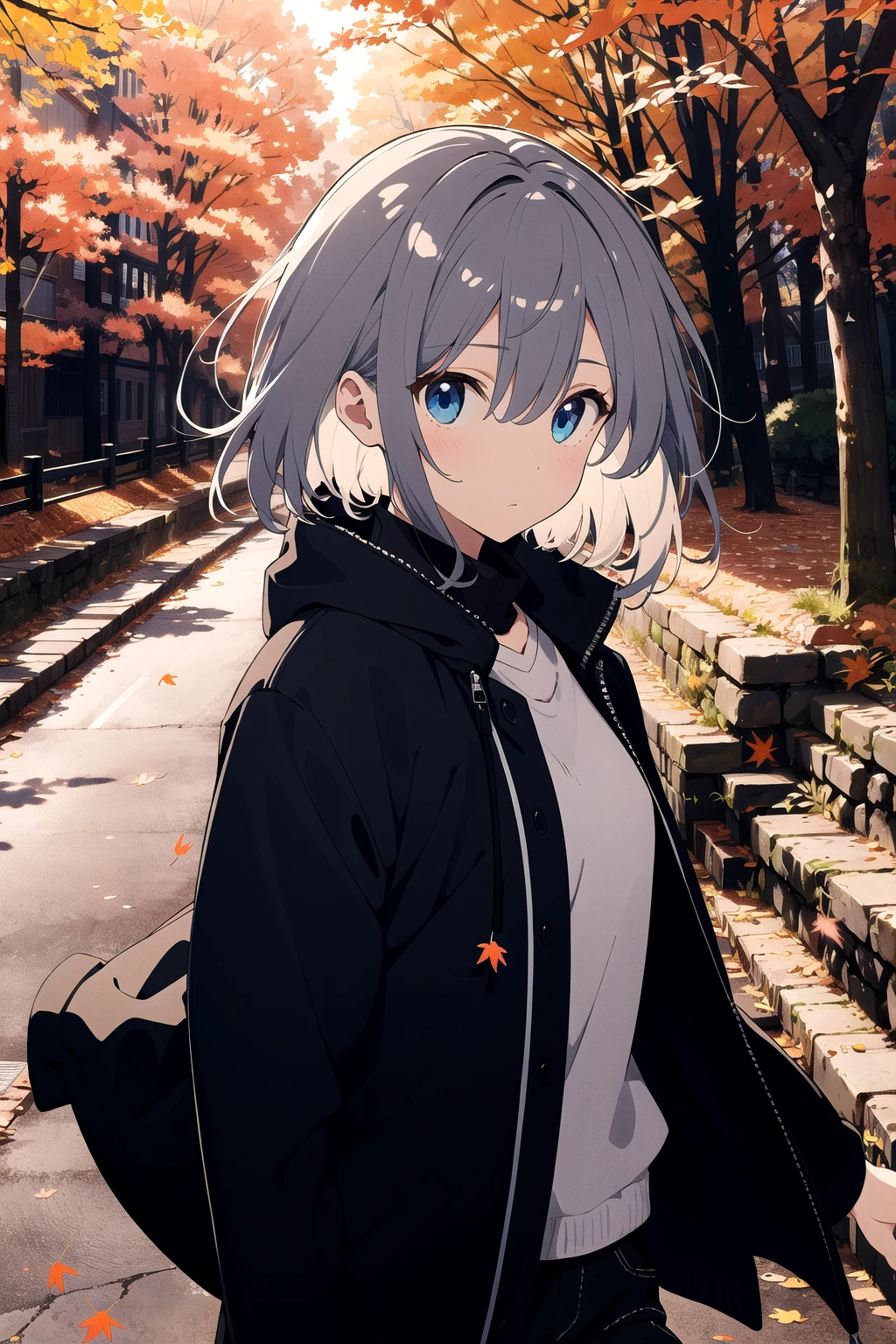 extremely detailed, detailed background, 1girl, solo, autumn, Beautiful light, wind, leaves changing color, grey hair, medium hair, blue eyes, floating hair, shirt, jacket,