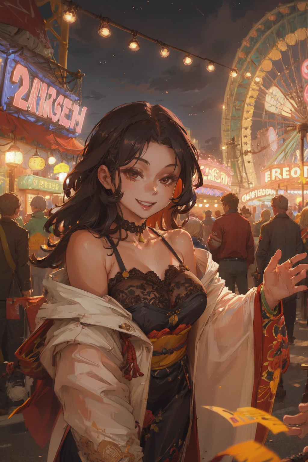 (best quality, masterpiece1.2), intricate detail, depth of field, 20 years old girl, off shoulder, night, festival, Amusement parks, pov, smile, standing, Excited, hi