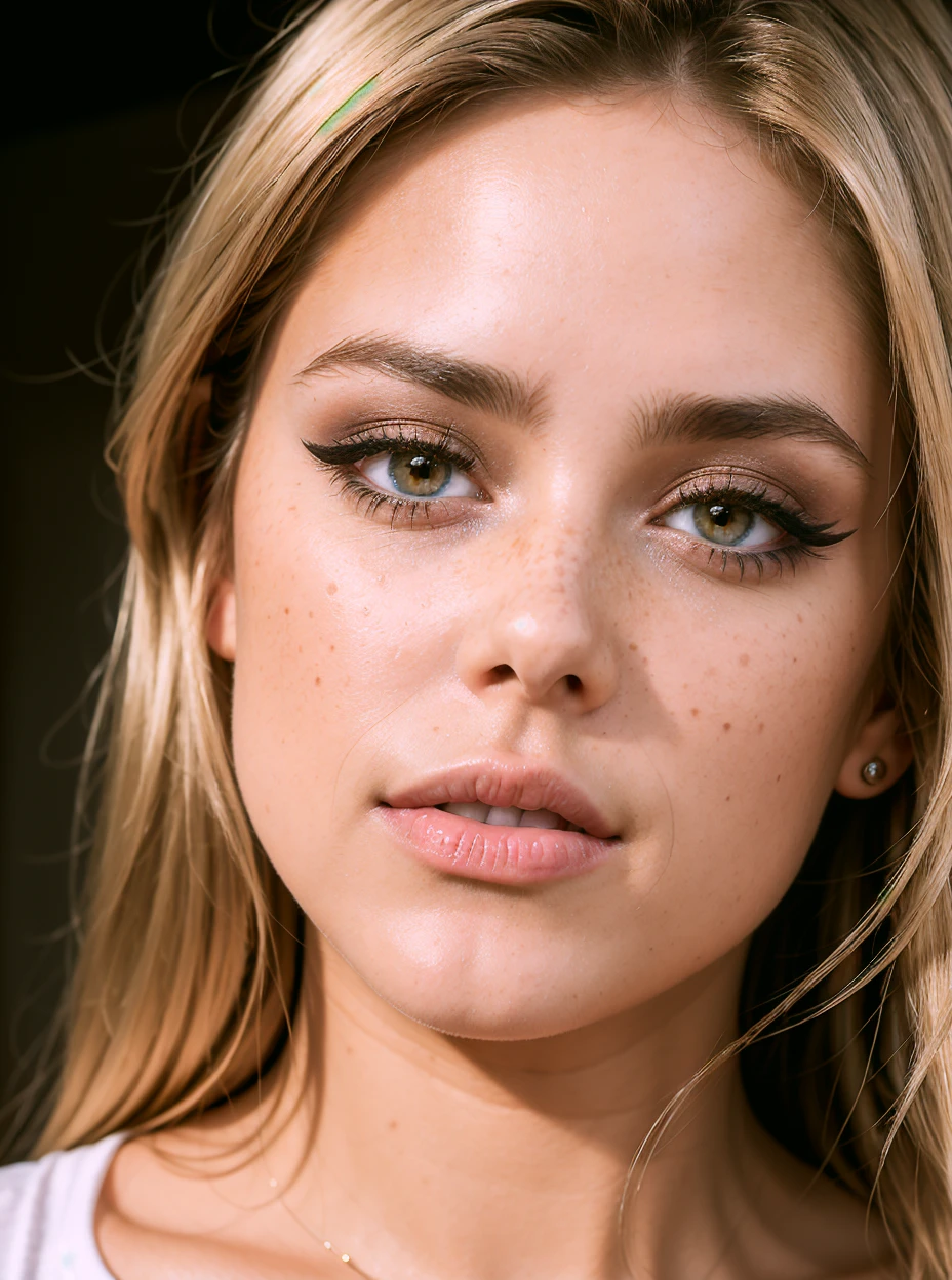 photo,8k,sharp focus,beautiful woman,close up,t-shirt,(detailed eyes:0.8),(looking at the camera:1.4),(highest quality),(best eyeshadow),brown eyes,rim lighting,two tone lighting,dimly lit,low key,intricate details,interior, blonde hair:1.3,freckles <lora:ornate:1>