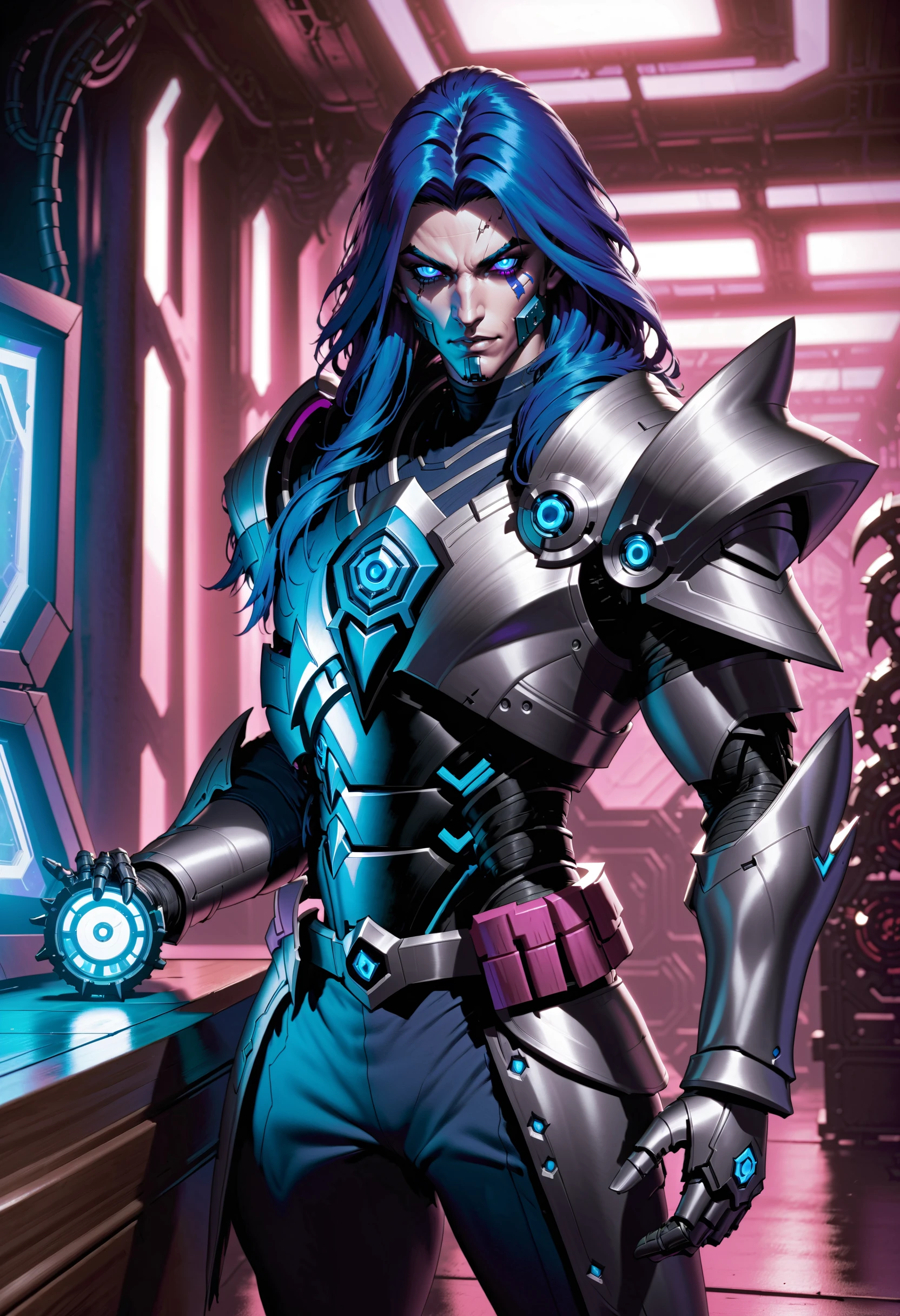 1boy, armor, blue eyeshadow, blue hair, gloves, glowing, gun, holding, indoors, jewelry, lol style, long hair, looking at viewer, male focus, manly, mask, outdoors, pink eyes, robot, scar on face, ship, shirt, solo, weapon
 <lora:LeagueofLegSDXL:0.8>