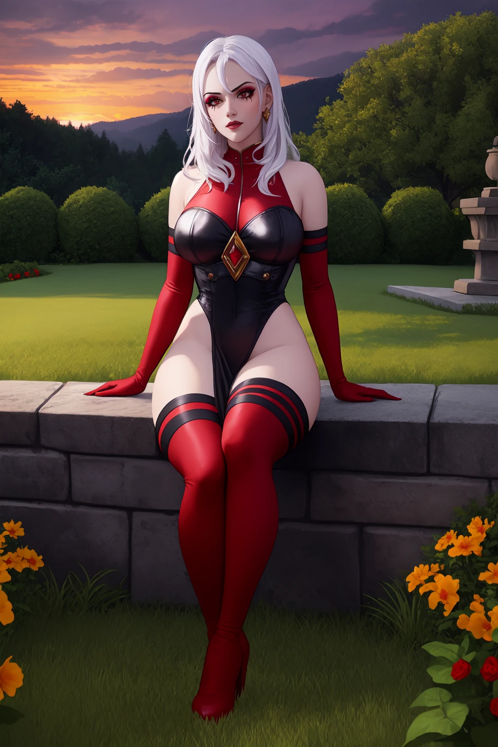 (high quality:1.1), cinematic lighting, extremely detailed,
SallyWhitemane, 1girl, mature female, solo, (sitting:1.2), walking, full body,   
looking at viewer, determined, 
white hair, long hair, red eyes, jewelry, makeup, black eyeshadow, 
bare shoulders, (elbow gloves:1.1), (two-tone leotard:1.1), pelvic curtain, thigh boots, gold trim,
large breasts,
garden, tree, grass, monastery, cathedral, outdoors, twilight, sunset, complex background,
<lora:SallyWhitemane:0.85>