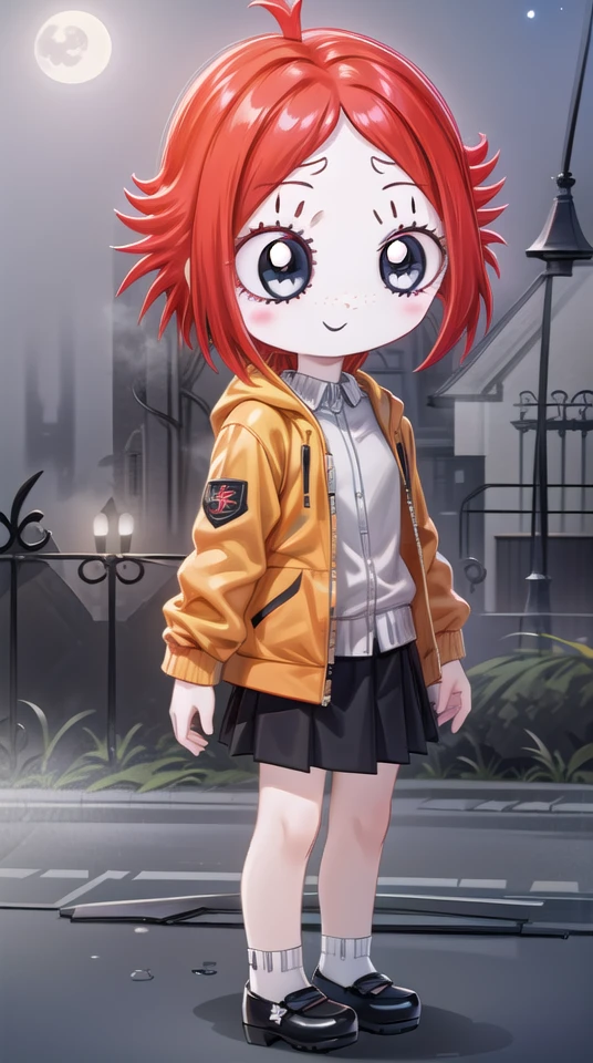 rubygloom_ruby, solid-best-physical-appearance-perfect::2, ((best quality, masterpiece, extremely detailed CG, ultra-detailed, intricate details:1.2)), 8k wallpaper, elaborate features, glistening shiny, glowing light, ray tracing, HDR, deph of field, (1girl, solo, chibi, short hair, red hair, ahoge, eyelashes, black eyes, blush stickers, smile, freckles, white skin, full body), ((night sky, full moon, fog, dark atmosphere, eerie, mansion, moonlight, outdoors, jacket, shirt, skirt, socks, mary janes)), <lora:rubygloom_ruby:0.8>, <lora:hyperdetailer:0.8>