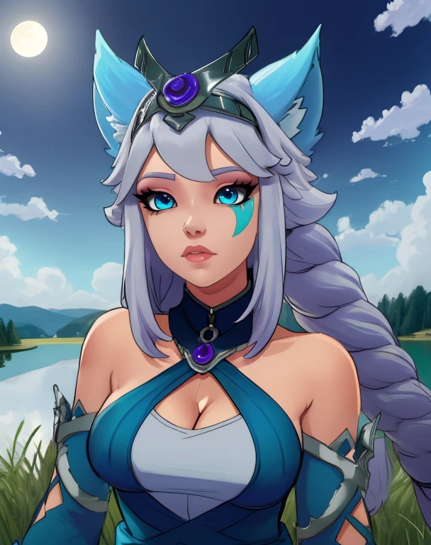 Io,blue eyes,wolf ears,wolf tail,light blue hair,twin braids,tiara,
standing,upper body,
blue dress,cleavage,detached sleeves,
moonlight,grass,lake,
(insanely detailed, beautiful detailed face,beautiful detailed eyes, masterpiece, best quality),<lora:Io-10v9:0.8>,