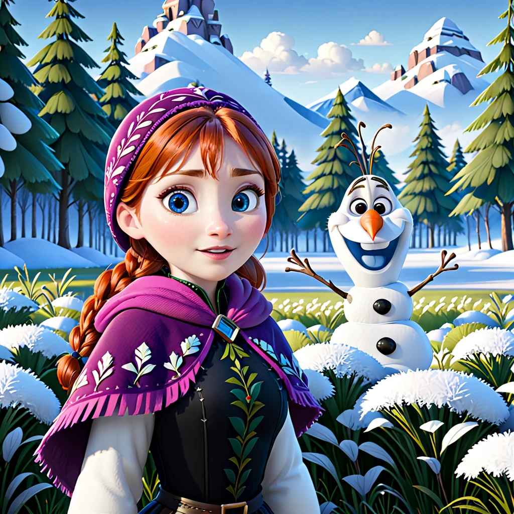 modisn disney, (anna from frozen:1.2), olaf (frozen), high quality, fine details, great scenery, flawless