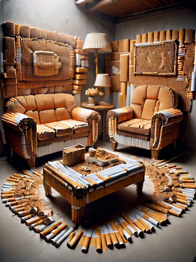 ral-cigarette, interior made of cigarettes with a couch and chairs <lora:ral-cigarette-sdxl:1>