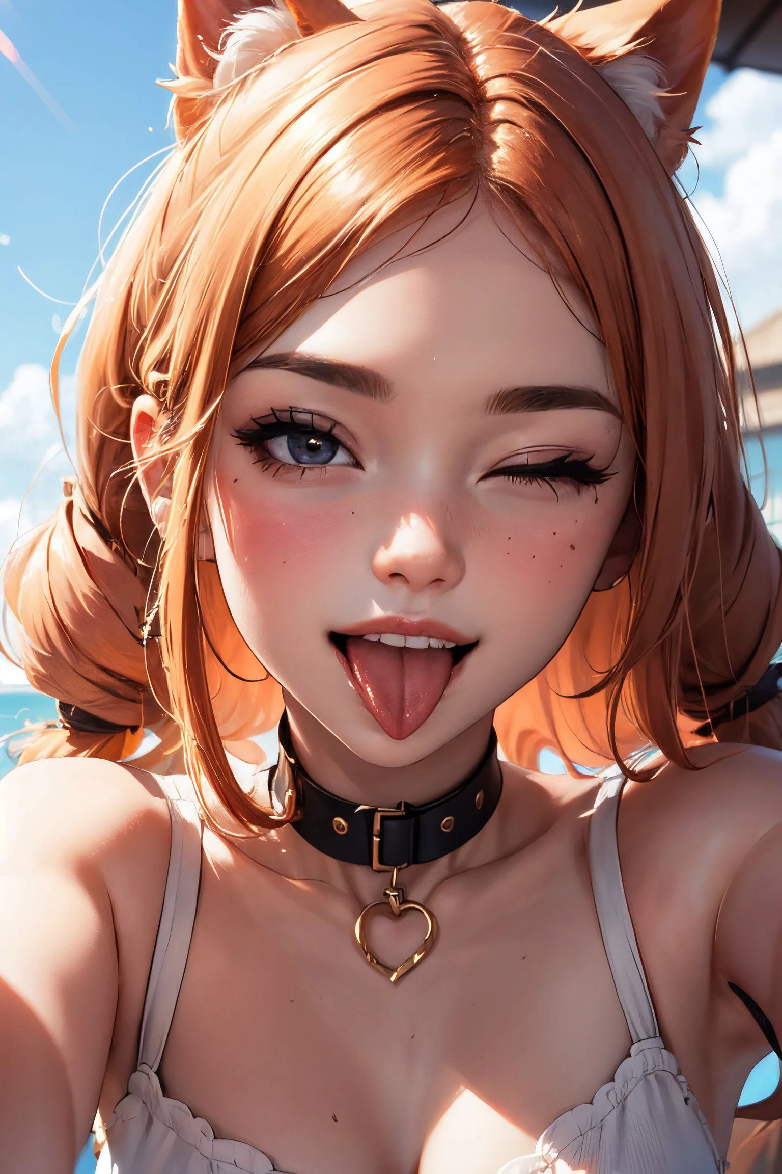 <lora:ddw_v1:0.75>, wink, one eye closed, playful smile, tongue out,, masterpiece, best quality, absurdres, highres, 4k, ray tracing, intricate details, highly detailed, (1girl:perfect face, cute, small breasts, long ginger hair, petite)