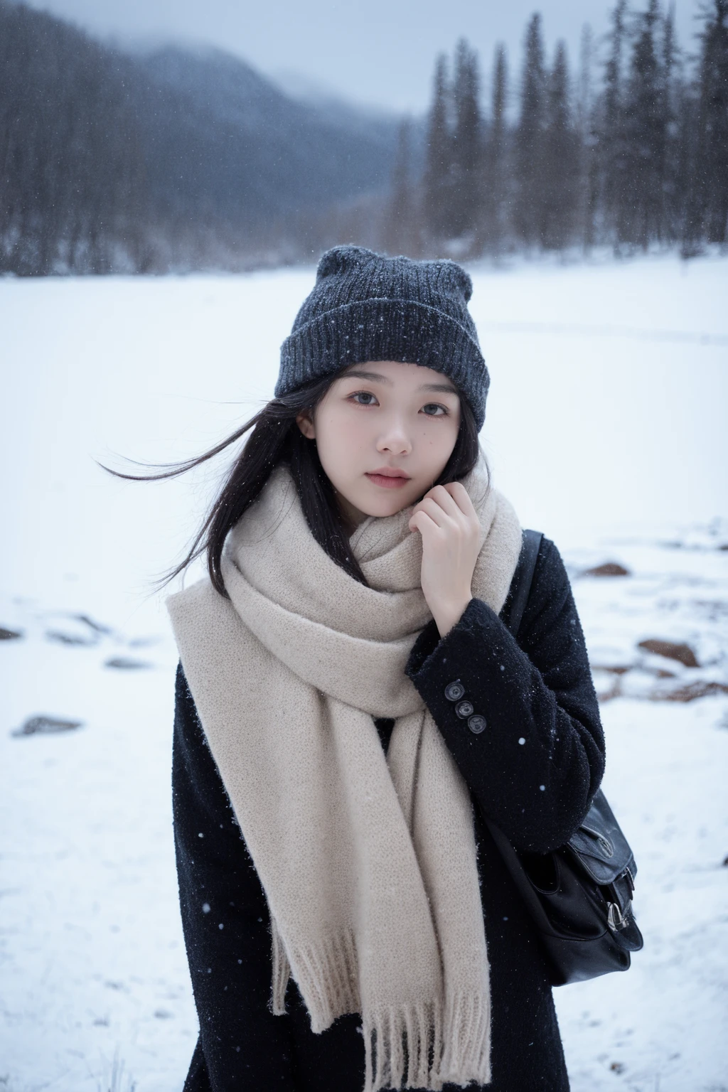 1girl,ice field,water,snowing,wind,cold,scarf,