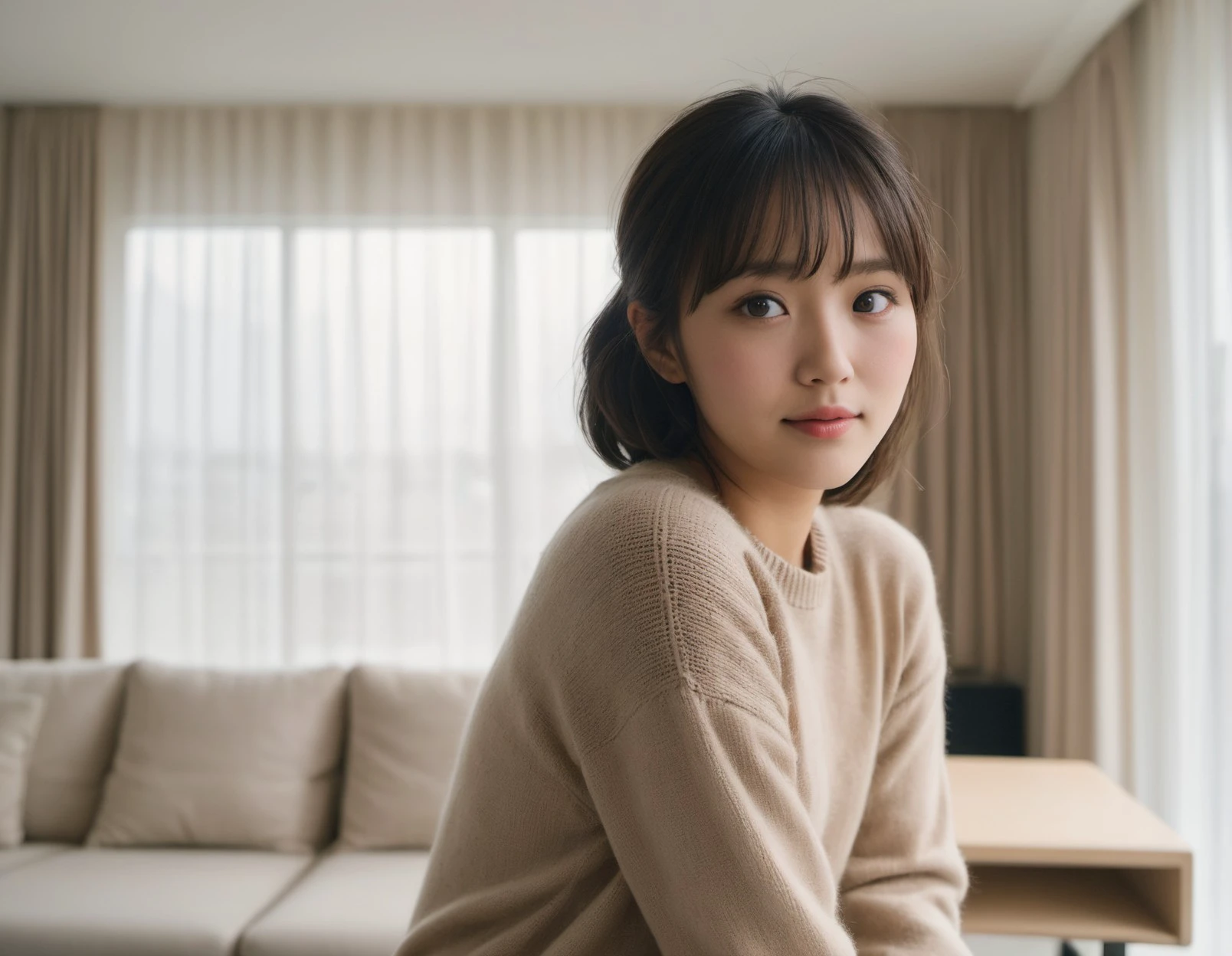 japanese woman, cute, (looking away:2),(half-smile:0.7, squint),
(dark brown eyes, pupil, Lights in the eyes:1.5),
(half-updo hair,bangs),(full body),
(beige loose knit sweater),(plaid long skirt),
(in bright room:2),(curtains, sofa, table, chair, see-through curtain:2), (Trees outside the window),winter,
<lora:ayame_LoRA_v20:0.3>