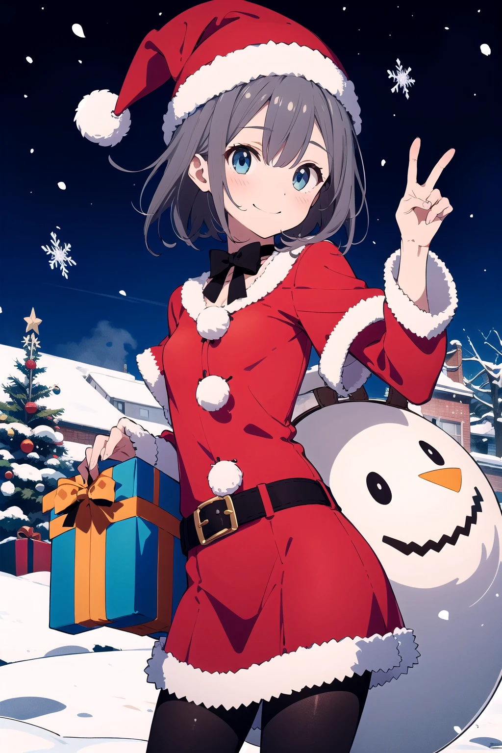 extremely detailed, detailed background, 1girl, solo, medium hair, grey hair, blue eye, small breasts, snow, christmas, santa costume, smile, peace Sign,