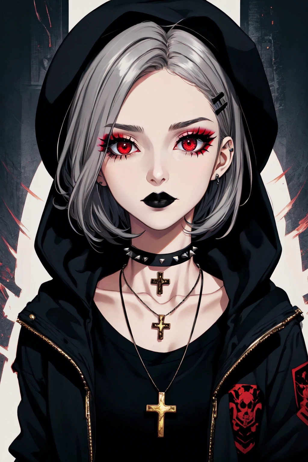 1girl, black choker, black lips, choker, collar, cross, cross necklace, grey hair, hair ornament, hairclip, hat, hood, inverted cross, jacket, jewelry, lipstick, looking at viewer, makeup, medium hair, necklace, red eyes, shirt, short hair, solo, spiked collar, spikes, upper body, glowing, horror theme, liminal