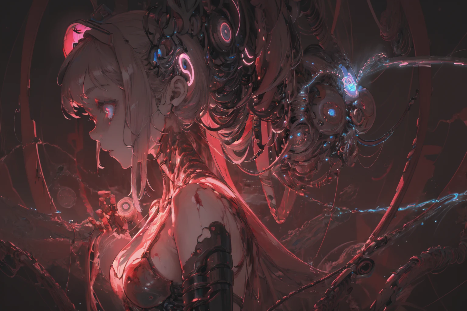 (masterpiece, sle, best quality, official art, beautiful and aesthetic:1.2), 1girl, glowing eyes, facing camera, neon details, mechanical limbs,blood vessels connected to tubes,mechanical cervical attaching to neck,wires and cables connecting to head,blood,from side