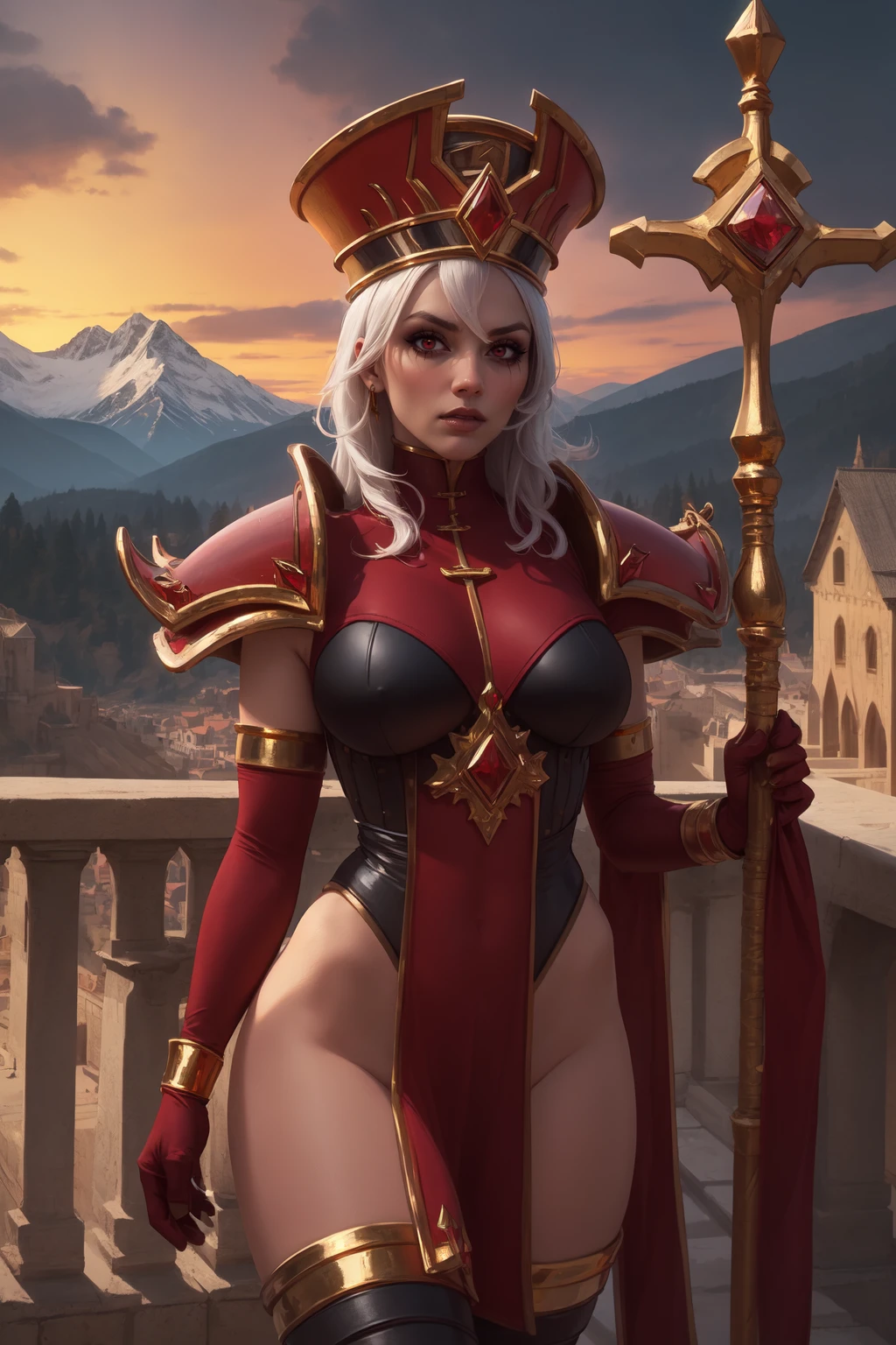 (masterpiece, high quality:1.1), cinematic lighting, extremely detailed,
SallyWhitemane, 1girl, mature female, solo, standing, holding, (staff:1.1), cowboy shot,
looking at viewer, determined, disdain, teeth,
white hair, long hair, (red eyes:1.3), jewelry, (black eyeshadow:1.1),
(hat, shoulder armor, elbow gloves, two-tone leotard, pelvic curtain, thigh boots, gold trim:1.1),
large breasts,
on balcony, valley background, mountains, fantasy, medieval, dark aura, (monastery, cathedral:1.2), (complex background:1.1), day, sunset,
<lora:SallyWhitemane:0.9>