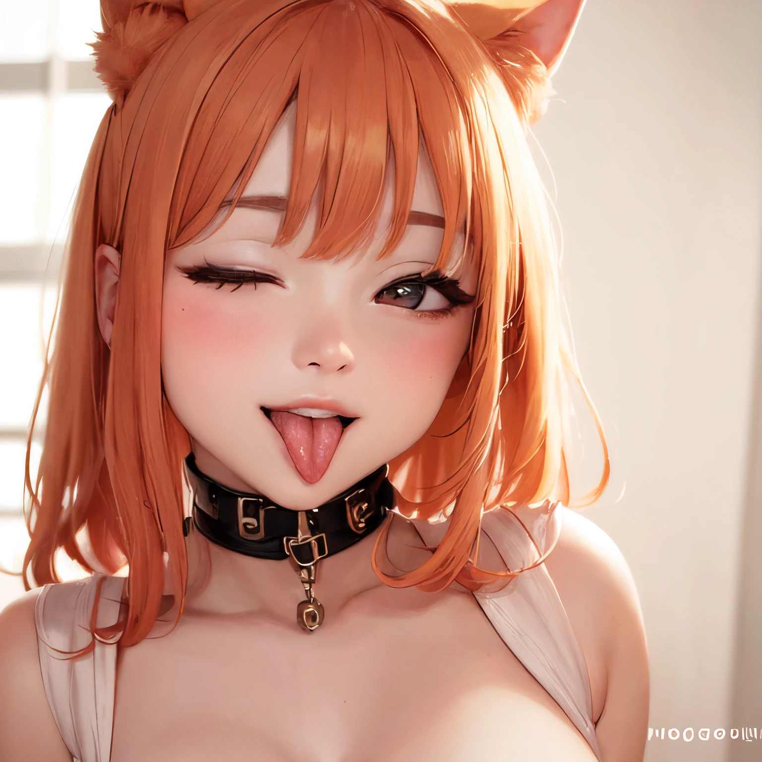 <lora:ddw_v1:0.75>, wink, one eye closed, playful smile, tongue out,, masterpiece, best quality, absurdres, highres, 4k, ray tracing, intricate details, highly detailed, (1girl:perfect face, cute, small breasts, long ginger hair, petite) eyes, Voigtlander Super Nokton 24Ms FILLURE DSL Moody face