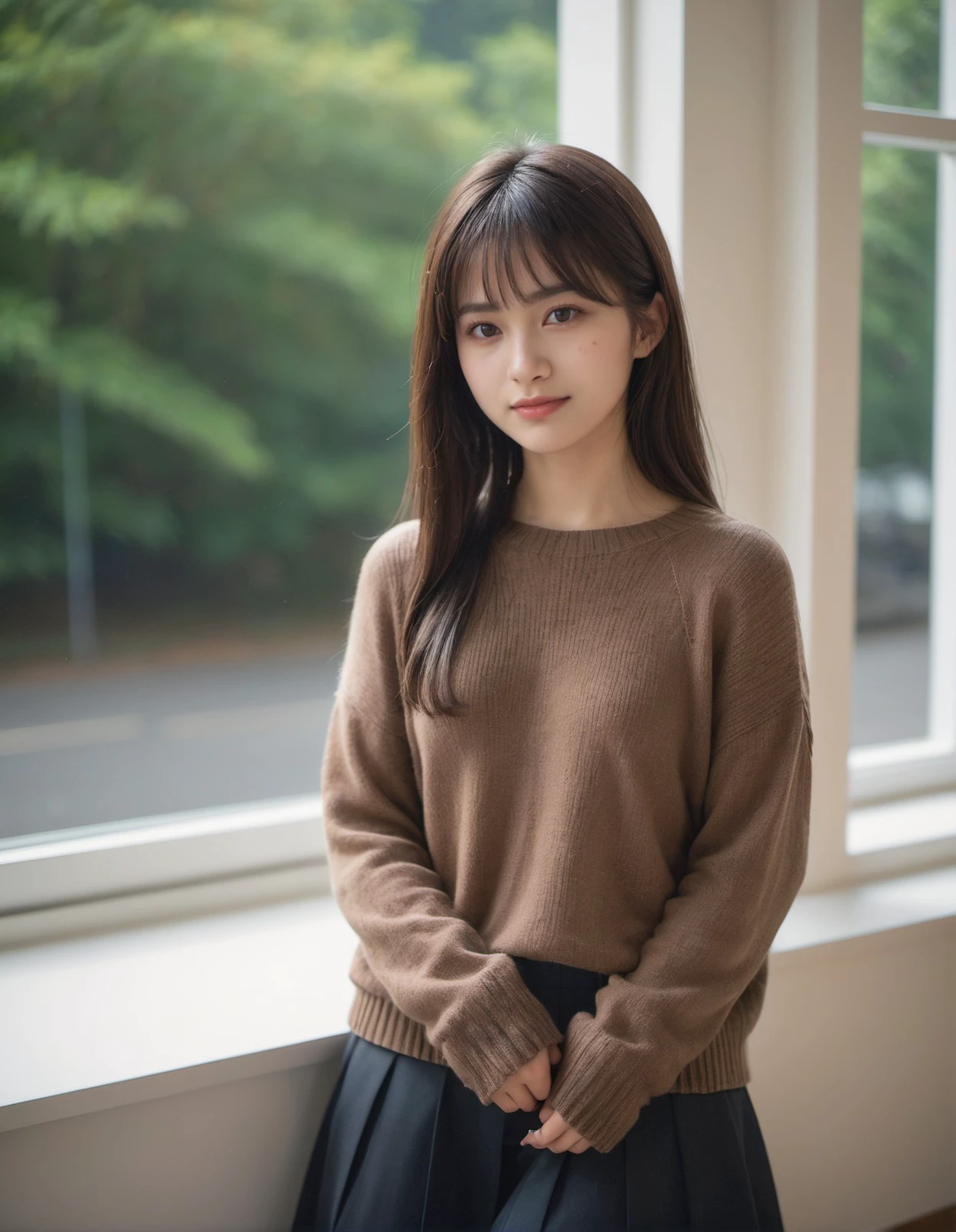 japanese woman, cute, (looking away:2),(archaic smile:0.7),
(dark brown eyes, pupil, Lights in the eyes:1.5),
(half-updo hair,bangs),(full body),
(dark brown loose knit sweater,(tuck-out sweater:3), (sweater pull:3)),(see-through black long skirt),
(in dark room:2),(curtains, sofa, table, chair, see-through curtain:2), (Trees outside the window),autumn,