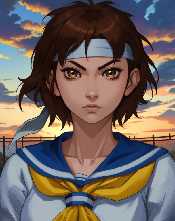 sakura,sbrown hair,brown eyes,white headband,white serafuku,yellow neckerchief,blue skirt,standing,cloudy,dusk,serious,looking at viewer,chain-link fence,(insanely detailed, beautiful detailed face,beautiful detailed eyes, masterpiece, best quality),<lora:sakuraSF4-10V2:0.8>,