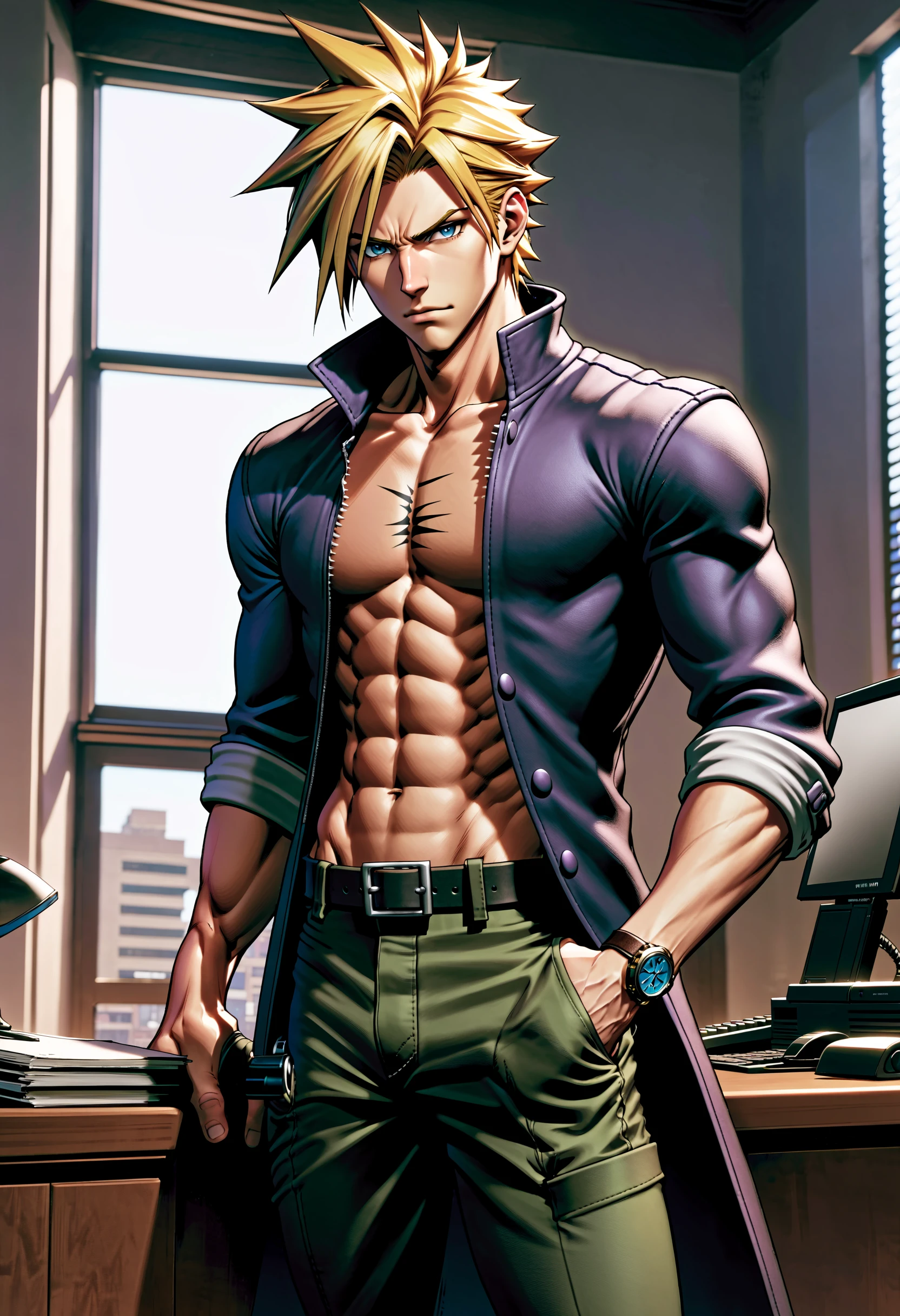 1boy, male focus, Cloud Strife from Final Fantasy 7, FBI headquarters, indoors, sexy, ripped clothes, yaoi
