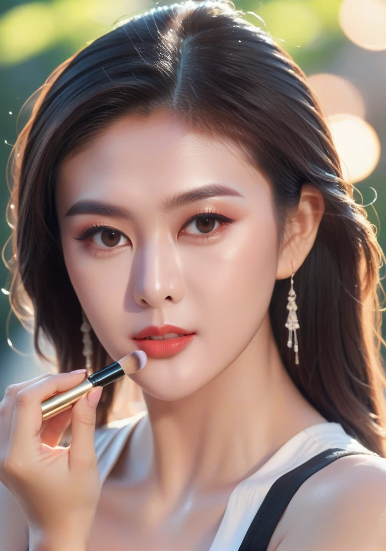 UHD, 4k, ultra detailed, cinematic, a photograph of high definition photo,ultra detailed skin,ultra detailed face,1girl from hongkong,outdoors,blush,<lora:gzl_XL_0_-000003:1.1>,gzl,20yo,applying makeup,watery_eyes,medium long hair,, epic, beautiful lighting, inpsiring