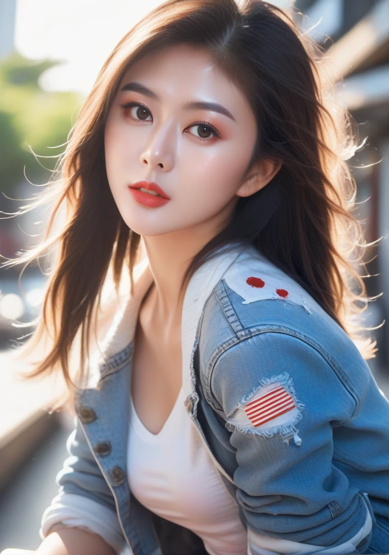 UHD, 4k, ultra detailed, cinematic, a photograph of high definition photo,ultra detailed skin,ultra detailed face,1girl from hongkong,outdoors,blush,<lora:gzl_XL_0_-000003:1.1>,gzl,20yo,applying makeup,(Artist_smock:1.4),(Paint-splattered_jeans:1.3),(Canvas_sneakers:1.2),big eyes shining bright,, epic, beautiful lighting, inpsiring