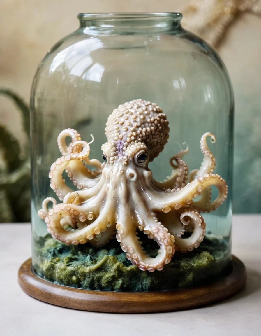An octopus with a vintage feel, depicted in a buttery color palette, with new objectivity style. The octopus is shown in a large aquarium, surrounded by coral and seaweed. The octopus is shown in a realistic and detailed manner, with its tentacles and suction cups clearly visible. The aquarium is shown in a muted and antique style, with a slightly yellowed and aged appearance. The octopus is shown in a calm and peaceful manner, as if it is simply observing its surroundings. The overall effect is one of nostalgia and timelessness, as if the image has been preserved from a bygone era., Octopus, Antique Visual Feel, Butter palette, new objectivity. The octopus is depicted in a vintage style, with a soft and muted color scheme, and a focus on the object's form and texture.