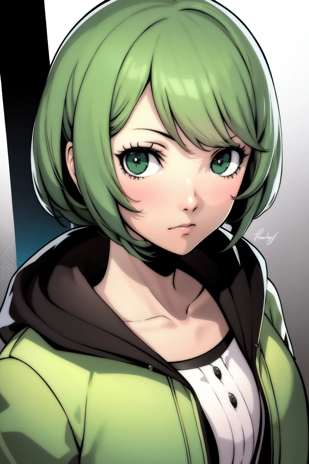 portrait, solo, 1girl, :/, green hair <lora:Soejima_shigenori_style_v02:1>