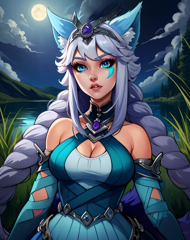 Io,blue eyes, wolf ears, wolf tail, very long light blue hair, facial mark on left cheek,twin braids, fang,
blue dress ,detached sleeves, bare shoulders, clothing cutout , tiara upper body, hips, cleavage,
standing, upper body, smile, open mouth,
moonlight, grass, lake,
(insanely detailed, beautiful detailed face, masterpiece, best quality) <lora:Io-10v6:0.8>