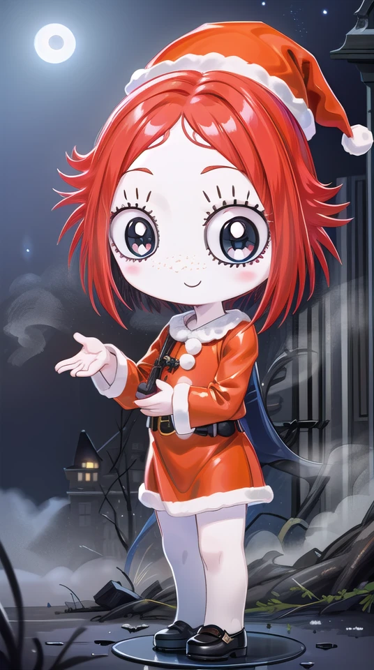 rubygloom_ruby, solid-best-physical-appearance-perfect::2, ((best quality, masterpiece, extremely detailed CG, ultra-detailed, intricate details:1.2)), 8k wallpaper, elaborate features, glistening shiny, glowing light, ray tracing, HDR, deph of field, (1girl, solo, ((chibi)), short hair, red hair, eyelashes, black eyes, blush stickers, smile, freckles, white skin, full body), ((night sky, full moon, fog, dark atmosphere, eerie, mansion, moonlight, outdoors, santa hat, santa costume, christmas)), <lora:rubygloom_ruby:0.8>, <lora:hyperdetailer:0.8>