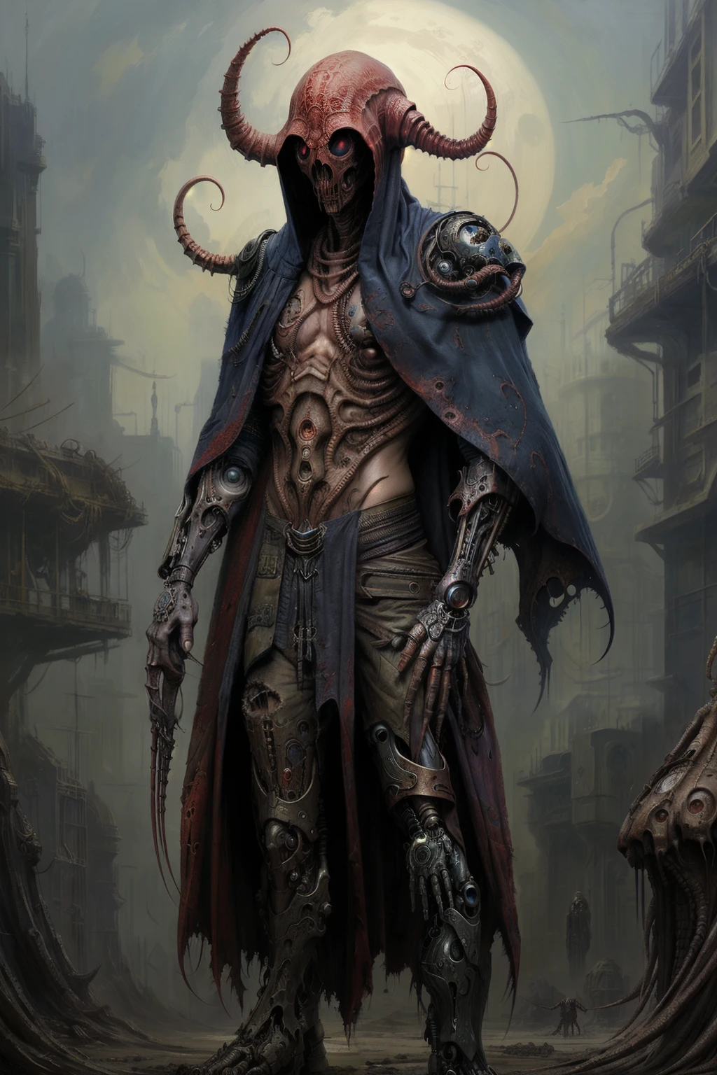 complex male mindflayer cyborg, lorarrf, style of james gurney,tattered cloak <lora:BioPunkAI:0.5> biopunkai