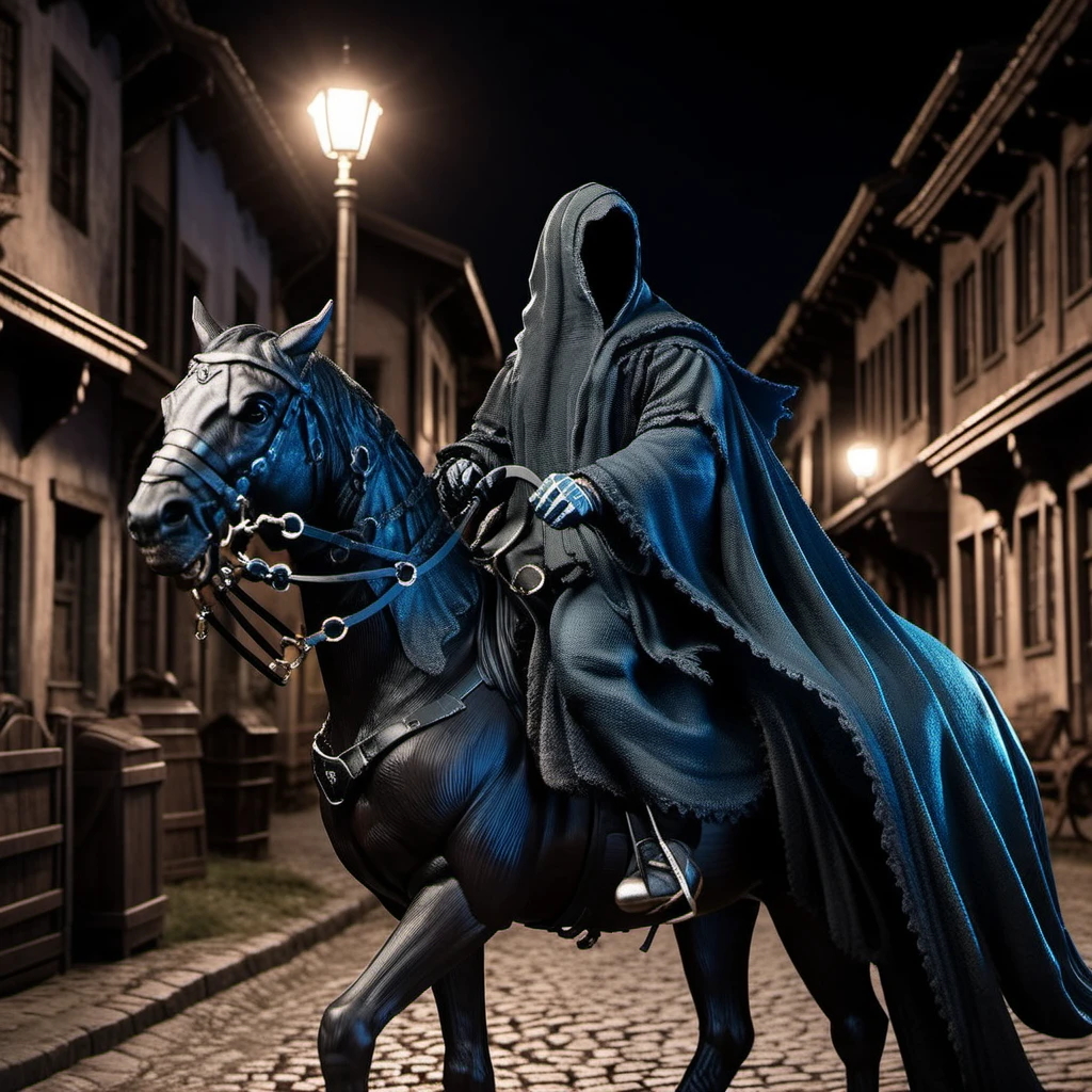 TheNazgul1024, wears a cape, ride a horse, night, creepy hauted town, detailed eyes, highly detailed, photography, ultra sharp, film, bokeh, professional, 4k  <lora:add-detail-xl:1.5> <lora:TheNazgul1024:0.8>