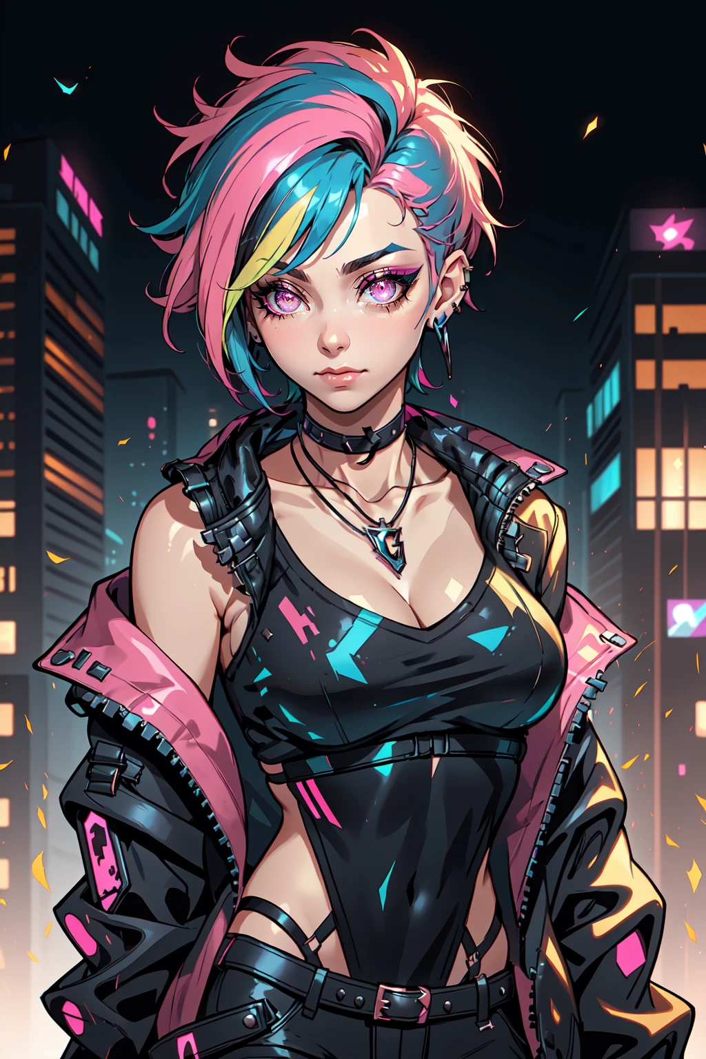 Holo-Punk Style, 1girl, black choker, black jacket, blurry, blurry background, choker, cleavage, closed mouth, collarbone, cyberpunk, earrings, gradient hair, jacket, jewelry, k/da (league of legends), looking at viewer, makeup, medium breasts, medium hair, multicolored hair, necklace, night, open clothes, open jacket, outdoors, pink hair, solo, upper body <lora:HoloPunk:0.8>