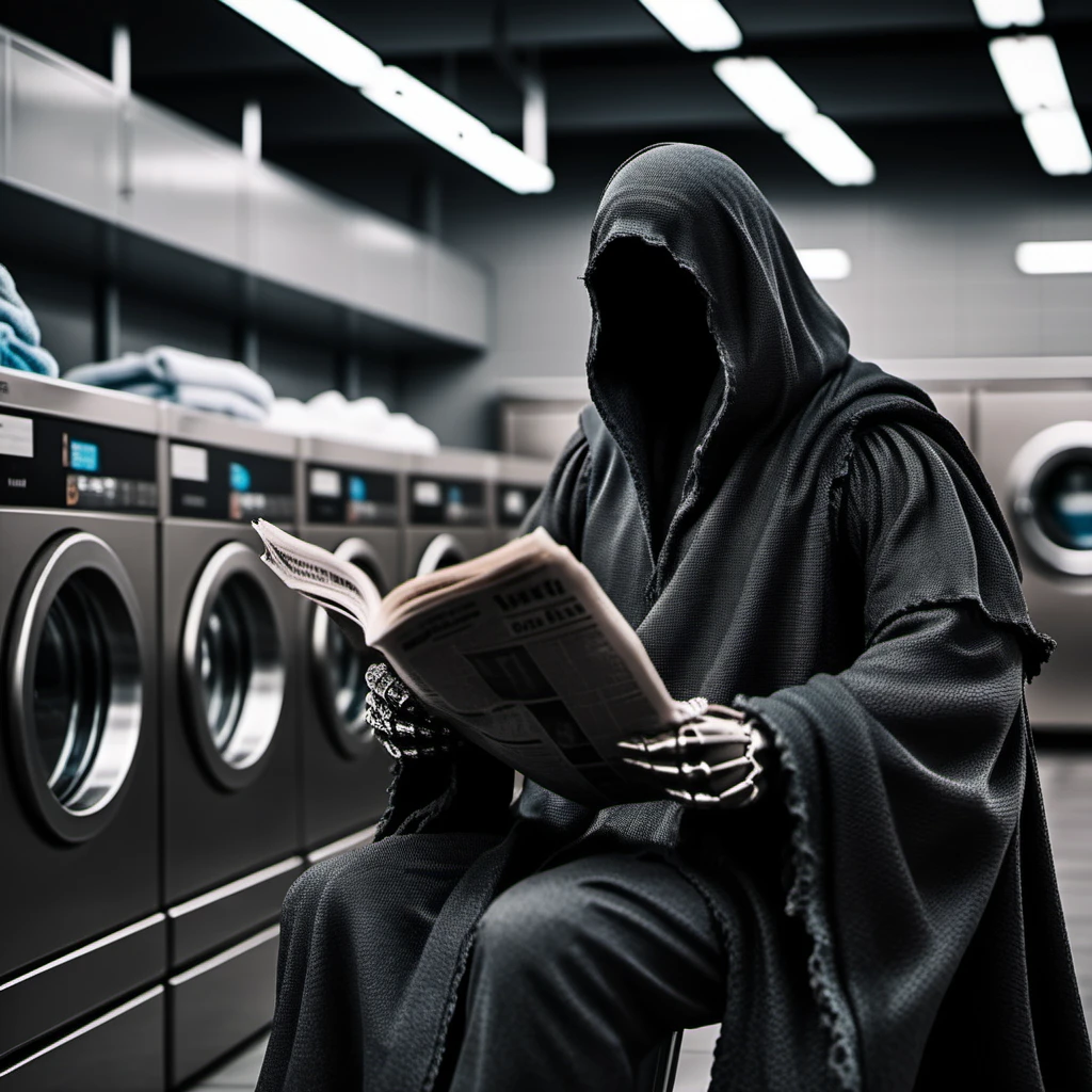 TheNazgul1024, a man with no face wears a cape, read newspaper, sitting in a self-service laundry, detailed eyes, highly detailed, photography, ultra sharp, film, bokeh, professional, 4k  <lora:add-detail-xl:1.5> <lora:TheNazgul1024:0.8>