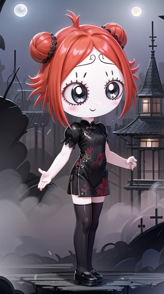 rubygloom_ruby, solid-best-physical-appearance-perfect::2, ((best quality, masterpiece, extremely detailed CG, ultra-detailed, intricate details:1.2)), 8k wallpaper, elaborate features, glistening shiny, glowing light, ray tracing, HDR, deph of field, (1girl, solo, chibi, short hair, red hair, ahoge, eyelashes, black eyes, blush stickers, smile, freckles, white skin, full body), ((night sky, full moon, fog, dark atmosphere, eerie, mansion, moonlight, outdoors, chinese clothes, dress, thighhighs, hair bun, double bun)), <lora:rubygloom_ruby:0.8>, <lora:hyperdetailer:0.8>