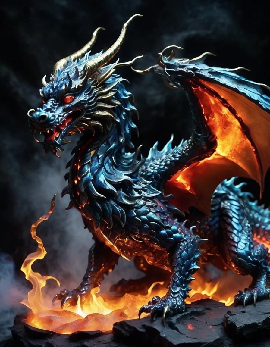A lavish dragon made from cooling lava, majestic beast, oriental fantasy, in the style of Feng Zhu, mystical natural phenomenon, is depicted in a renaissance-inspired style. The dragon's body is made of molten copper, which has cooled and hardened into a solid form. The dragon's wings are spread wide, revealing a breathtaking display of intricate veins and arteries that pulse with a fiery glow. The dragon's head is adorned with a crown of emeralds and sapphires, and its eyes are a piercing shade of ruby red. The dragon's scales are a deep, rich copper, and they shimmer and sparkle in the light. The dragon's tail is long and serpentine, and it ends in a fiery tail that crackles and sizzles with energy. The dragon is depicted in a mystical natural phenomenon, surrounded by a landscape of rolling hills and lush forests. The dragon's presence is felt throughout the scene, as the very air seems to vibrate with its power and majesty. This is a scene that is both awe-inspiring, Lavish dragon made from cooling lava, majestic beast, oriental fantasy, in the style of Feng Zhu, Mystical Natural Phenomenon, Copper palette, renaissance. The dragon's eyes are glowing with an otherworldly light, and its scales shimmer in the moonlight. The scene is set in a mystical forest, with misty fog and towering trees. The dragon's wingspan is enormous, and it is perched on a rocky outcropping, surveying its domain. The overall style is reminiscent of Renaissance art, with a focus on realism and attention to detail.