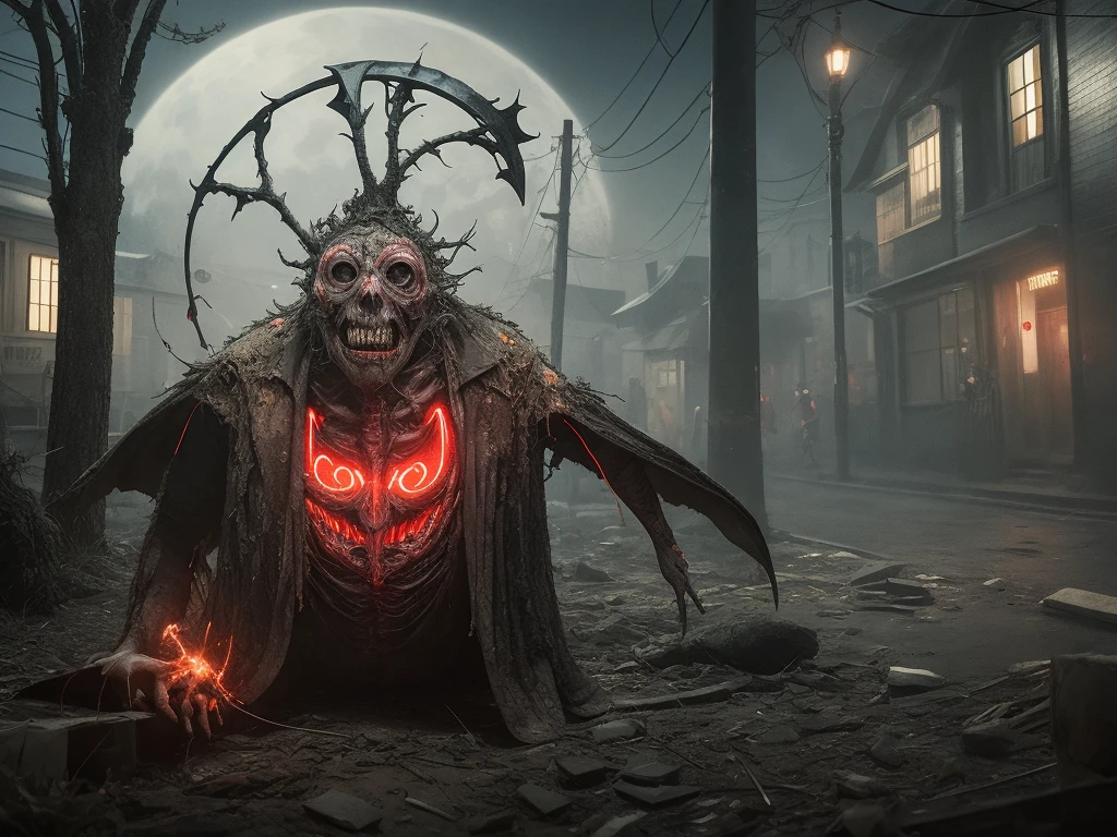 (psychedelic horror), wet matted hair, deformed face, looking over at viewer with a rotted broken missing teeth grin, blinded sunken cloudy eyes, Disgusting deformed and rotten old witch hag ladies creeping in the shadows, off-center in the distance in the dark, hunched back, wearing moldy tattered rags, body horror ((red glowing hollow five stars sigil floating above head)), creepy nighttime suburbs setting, midnight,