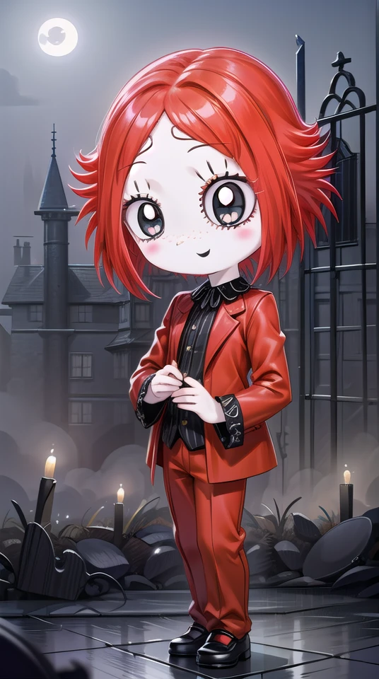 rubygloom_ruby, solid-best-physical-appearance-perfect::2, ((best quality, masterpiece, extremely detailed CG, ultra-detailed, intricate details:1.2)), 8k wallpaper, elaborate features, glistening shiny, glowing light, ray tracing, HDR, deph of field, (1girl, solo, ((chibi)), short hair, red hair, eyelashes, black eyes, blush stickers, smile, freckles, white skin, full body), ((night sky, full moon, fog, dark atmosphere, eerie, mansion, moonlight, outdoors, santa costume)), <lora:rubygloom_ruby:0.8>, <lora:hyperdetailer:0.8>