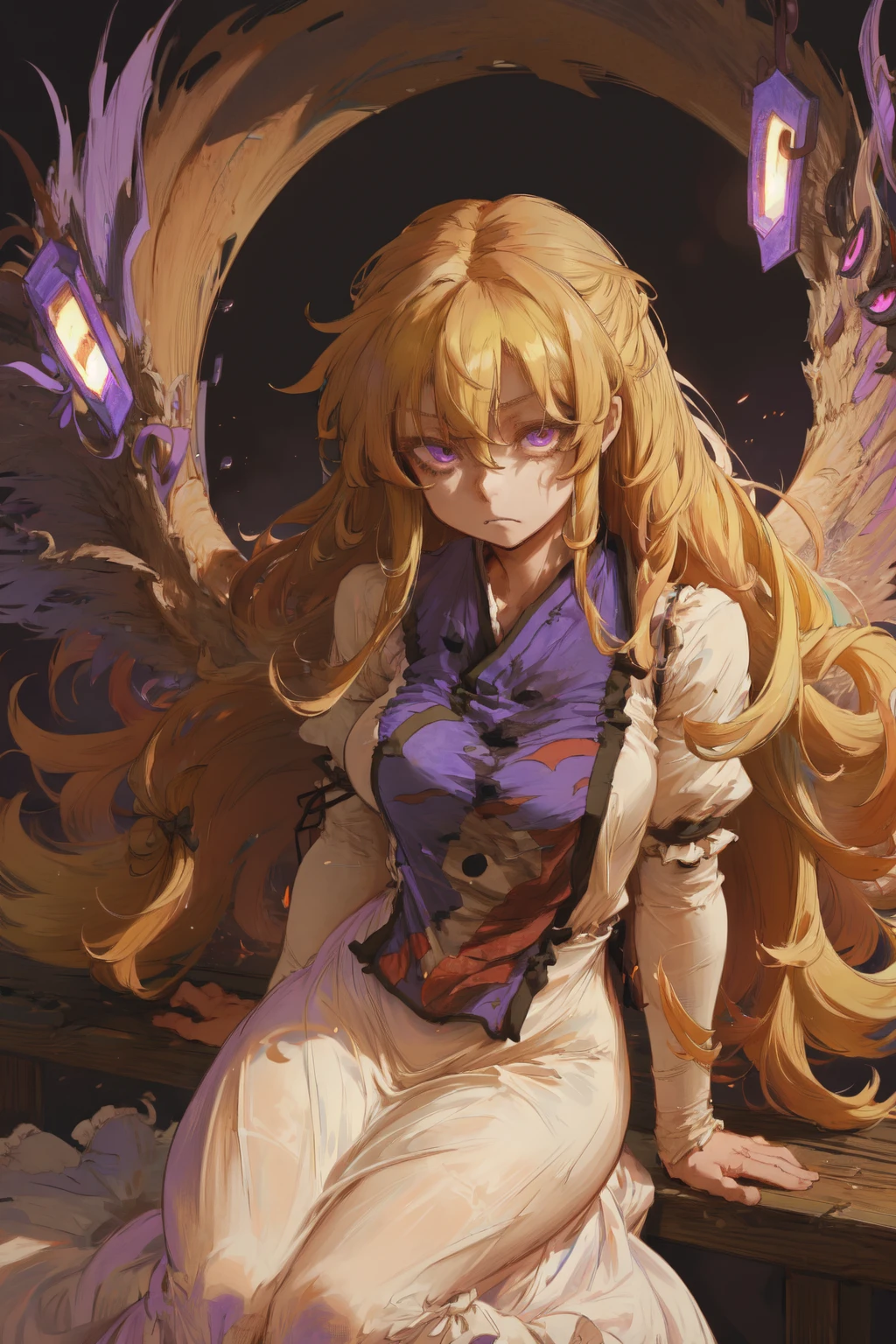 1girl, yakumo_yukari, long hair, blonde hair, purple eyes, frayed hair, messy hair, sad, white dress, trigram, purple tabard (gap_\(touhou\):1.3), multiple eyes, no headwear, (glowing eyes:1.2), tired, bags under eyes, portals