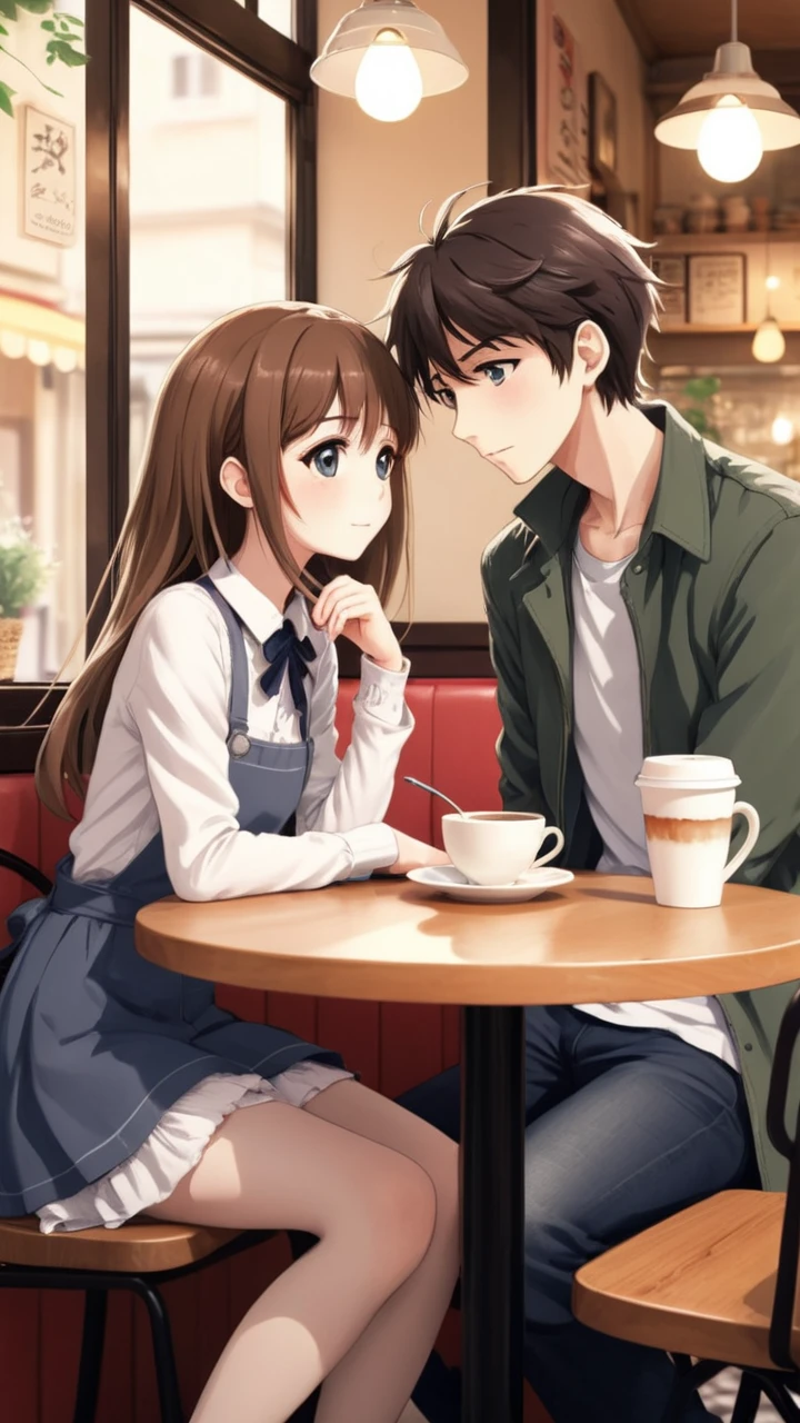 Craft an anime-style illustration, perfect for a Pixiv showcase, depicting a romantic cafe date between a boy and a girl. This piece should radiate the unique charm and intricate detail that anime art is celebrated for. The art has perfect perspective and proportions.
Visualize a cafe that blends modernity with an anime-inspired whimsical touch. The boy and girl, at the heart of this illustration, are captured in a moment brimming with tender affection. Their expressions and poses should reflect a deep, emotional connection, true to the expressive nature of anime characters. Focus particularly on their eyes, making them highly detailed and luminous, conveying their emotions and the story of their relationship.
Their attire should be a trendy yet timeless reflection of anime fashion, and the cafe setting should be detailed with a cozy yet stylish ambiance. The lighting is critical â it should be soft, warm, and inviting, enhancing the romantic mood. This light should cast gentle shadows, adding depth and a serene atmosphere, emphasizing the emotional depth of the scene.
This illustration's goal is to not just capture a moment but to weave a narrative, inviting viewers into a heartwarming story that unfolds in this quaint anime-style cafe, making them feel a part of this intimate, animated world filled with romance and beauty.