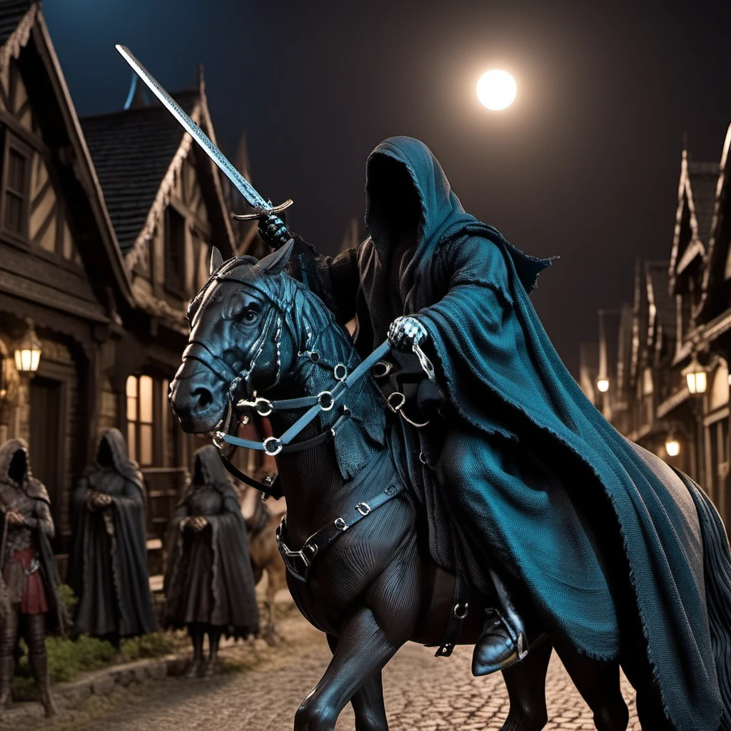 TheNazgul1024, wears a cape, ride a horse, night, creepy hauted town, detailed eyes, highly detailed, photography, ultra sharp, film, bokeh, professional, 4k  <lora:add-detail-xl:1.5> <lora:TheNazgul1024:0.8>