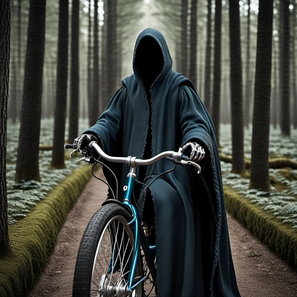 TheNazgul1024, wears a cape, ride a vintage bicycle, creepy hauted forest, detailed eyes, highly detailed, photography, ultra sharp, film, bokeh, professional, 4k  <lora:add-detail-xl:1.5> <lora:TheNazgul1024:0.8>