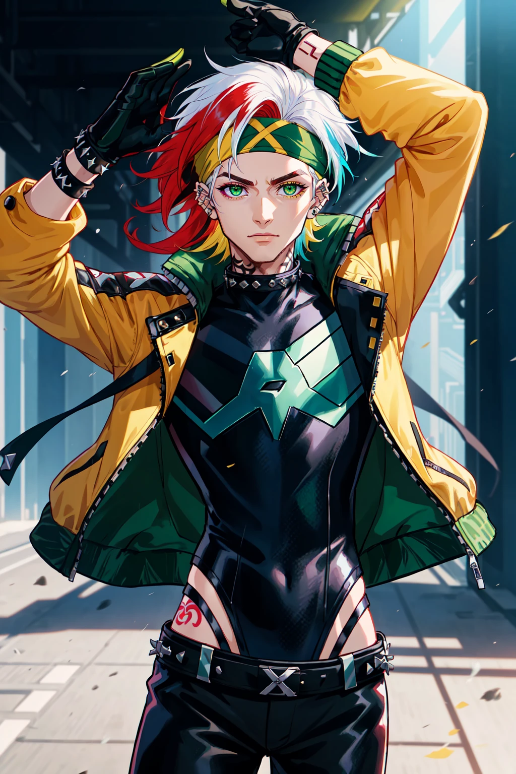 (masterpiece, best illustration, extreme light and shadow), 1boy, solo, (male focus:.7), transgender male, red hair, white hair, green eyes, two tone hair, jacket, green jacket, gloves, green eyes, white hair, headband, bodysuit, yellow gloves, yellow bodysuit, multicolored hair, black headband, looking up, multicolored clothes, hair behind ear, long hair, green bodysuit, looking at viewer, open jacket, yellow jacket, arm up, multicolored bodysuit, goth eye liner, wristband, emo punk style, (punk:1.5), jewelry, depth of field, tattoos, minneapolis, (superhero:.4), (rogue of the x-men:1.2), wind swept hair, (seductive), (sidelighting), (volumetric lighting)