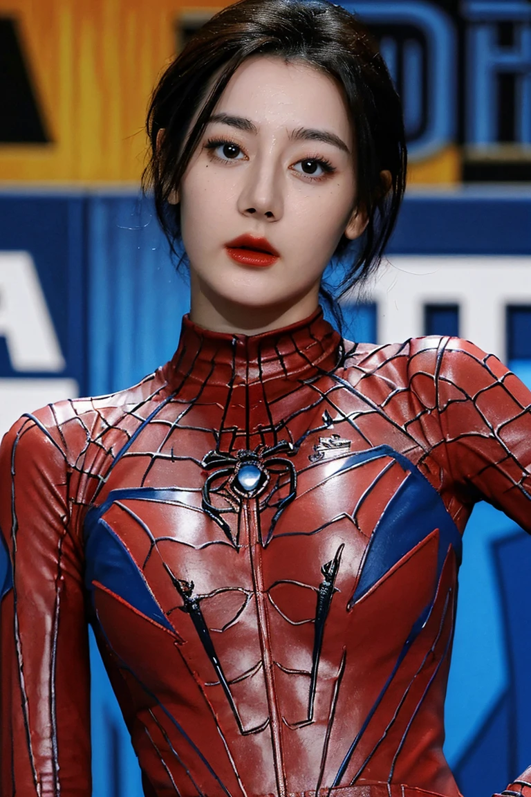 (masterpiece,best quality,ultra high res:1.2),(photo-realistic:1.3),1girl,solo,(beautiful face,exquisite face,skin texture:1.2),
<lora:dili_sd15_:1>,dili,looking_at_viewer,cowboy_shot,
spider-woman costume, web-patterned suit, spider symbol, comic convention,