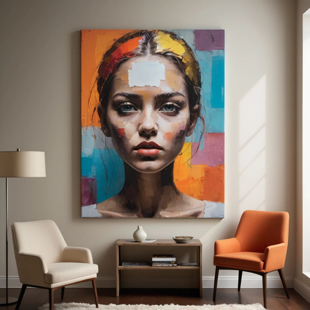 Create a piece of contemporary art on canvas, styled to embody the essence of modern aesthetics. This artwork should be captured as a professional photograph, showcasing the texture, depth, and color palette of the canvas in striking detail.
The composition should reflect contemporary themes and techniques, possibly incorporating abstract elements, bold colors, or innovative textures that challenge traditional art norms. The canvas itself should be a focal point, its materiality and texture highlighted in the photograph to give a sense of the artwork's physical presence and the artist's technique.
In capturing this contemporary art piece as a professional photo, focus on lighting that accentuates the unique qualities of the work. The lighting should reveal the intricacies of the paint, the subtle interplay of light and shadow, and the vibrant or muted tones, depending on the artwork's character.
This photograph should not only document an art piece but also convey the emotion and message behind the contemporary art, inviting viewers to engage with and interpret the artwork through a detailed and thought-provoking visual presentation.