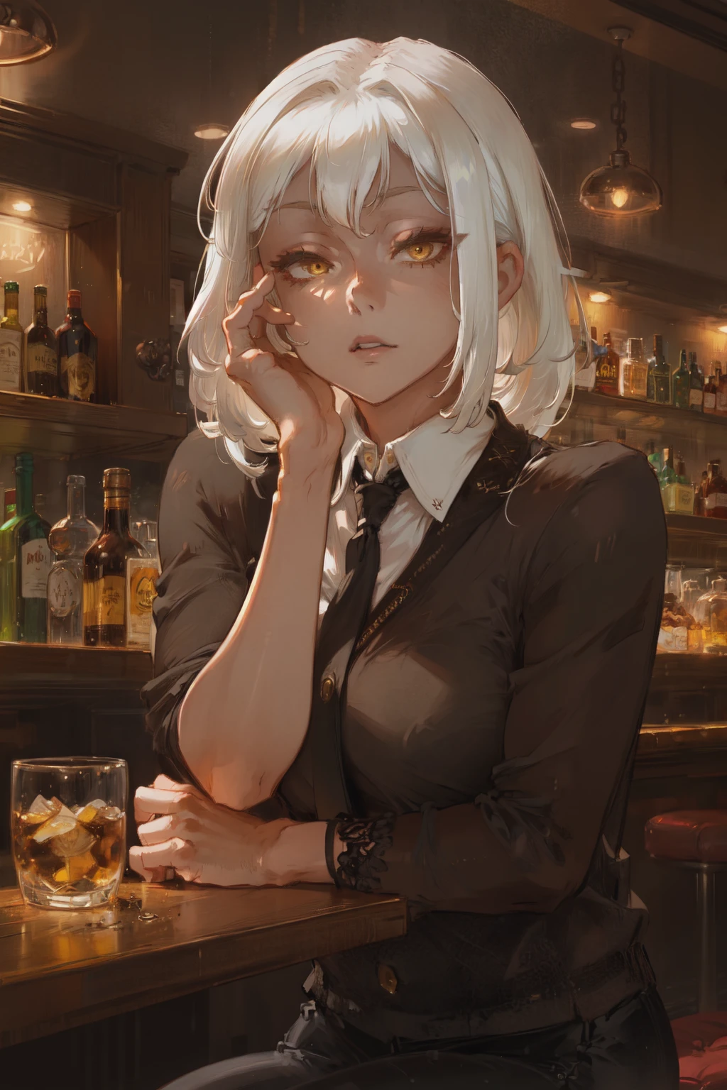 masterpiece, best quality, upper body, 1girl, white hair, yellow eyes, detailed eyes, half-closed eyes, shaded face, black necktie, medium breasts, collared shirt, black pants, sitting, elbow rest, (in a bar),