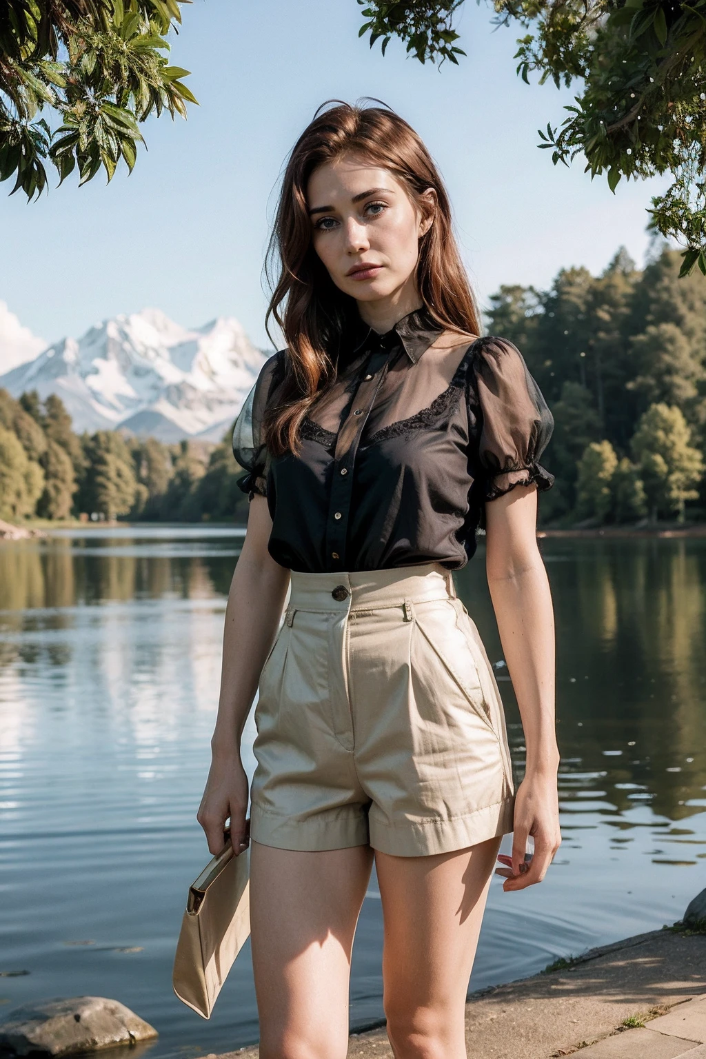 caricevh,a woman wearing sheer blouse and tailored shorts, tranquil lake, (golden hour:0.5) <lora:caricevh:0.9>