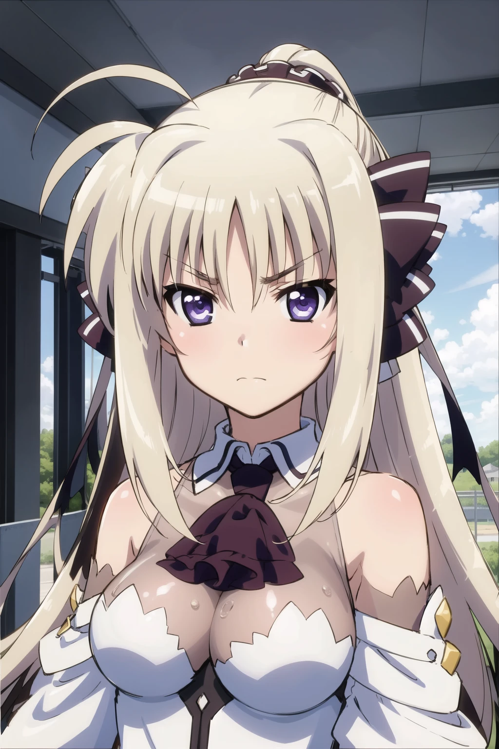 indoor, arena,
rinne_bj, 1girl, long hair, looking at viewer, breasts, purple eyes, upper body, ascot, detached sleeves, >:\(, frown, ahoge, v-shaped eyebrows, bare shoulders, medium breasts, ribbon, hair ribbon, very long hair, closed mouth, ponytail, bangs, hair between eyes
<lora:rinne_b:1.0>