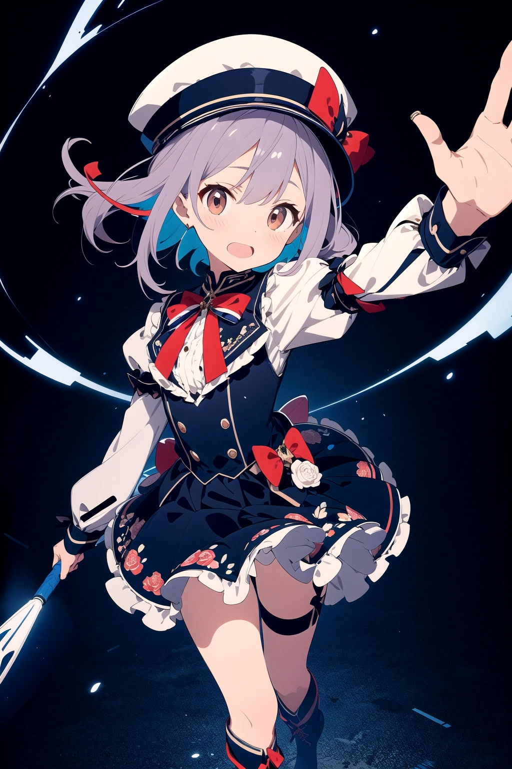 extremely detailed, detailed background, frilly skirt, puffy sleeves, knee high boots, hat, ribbon, floral print, colorful, dynamic pose,