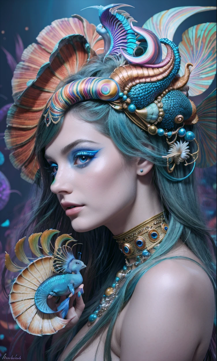 best qualtiyï¼tmasterpieceï¼(photograph realisticï¼1.4ï¼ï¼ultra-realistic realismï¼Dream-likeï¼The beautiful blue-skinned goddess wears a phoenix peacock on her head, Nautilus, a betta fishï¼The creation of fantasyï¼Brain conchï¼Dream Conchï¼Biopunk Nautilusï¼Thrilling color schemeï¼ ultra-realistic realismï¼ abstractedï¼ psychedelia,