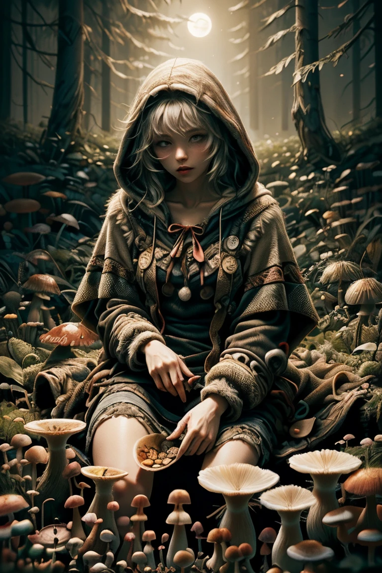 little red riding hood, mythical forest, at night, foggy, moonrays, mushroomz <lora:ral-mushroomz-sd15:1>