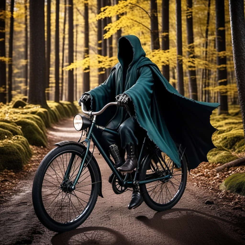 TheNazgul1024, wears a cape, ride a vintage bicycle, creepy hauted forest, detailed eyes, highly detailed, photography, ultra sharp, film, bokeh, professional, 4k <lora:add-detail-xl:1.5> <lora:TheNazgul1024:0.8>