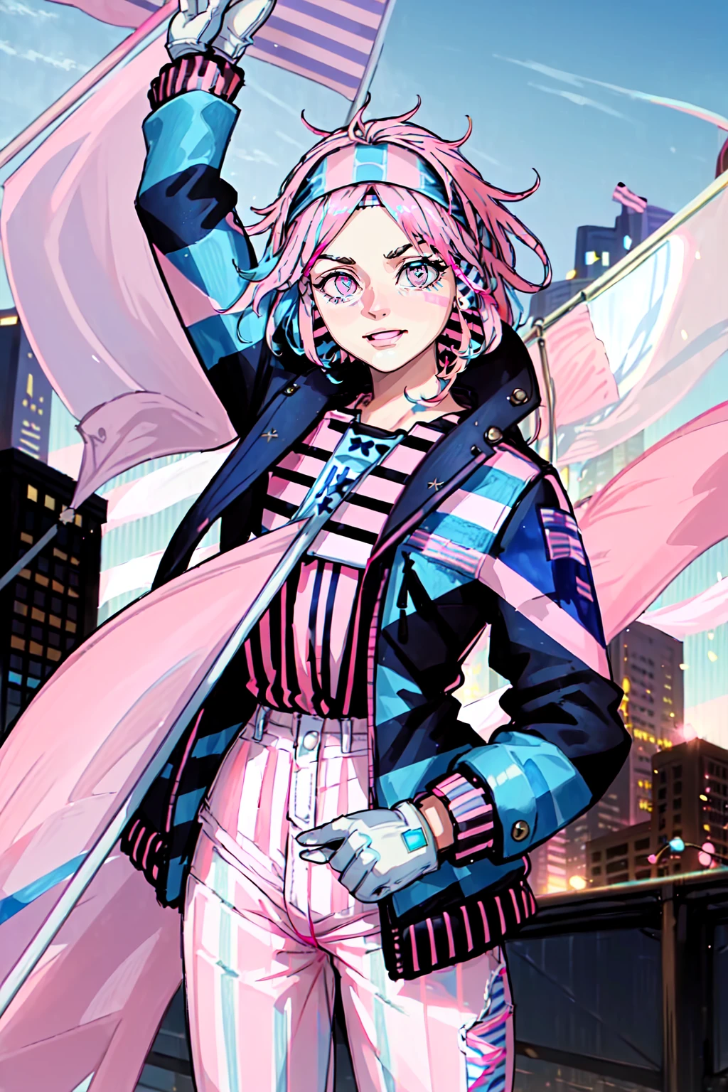 (masterpiece, best illustration, extreme light and shadow), (1boy:.6), solo, (non binary:.8), (girl focus:.7), (mature:.9), transgender female, white hair,  two tone hair, jacket, blue jacket, pink gloves, pink eyes, white hair, headband, white denim jeans, multicolored hair,  blue headband,  multicolored clothes,  hair behind ear, ((holding striped white blue and pink flag:2)), long hair, green bodysuit, looking at viewer, open jacket, yellow jacket, arm up, multicolored bodysuit,  goth eye liner, wristband, emo punk style, (punk:1.5), jewelry, depth of field, tattoos, (downtown minneapolis:2),, (best sunlight:.8), (lens flare:.9), (fantasy scene:1.3), (superhero:.4), (rogue of the x-men:1.2), wind swept hair, (conservative clothing:.3),  (sidelighting), (volumetric lighting), xdusky1